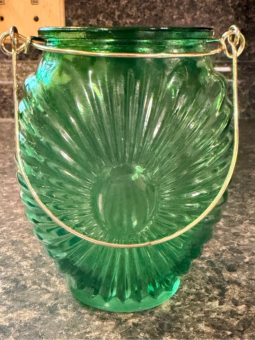 Green Pressed Glass Sunburst Vase with Metal Handle - Picture 2 of 8